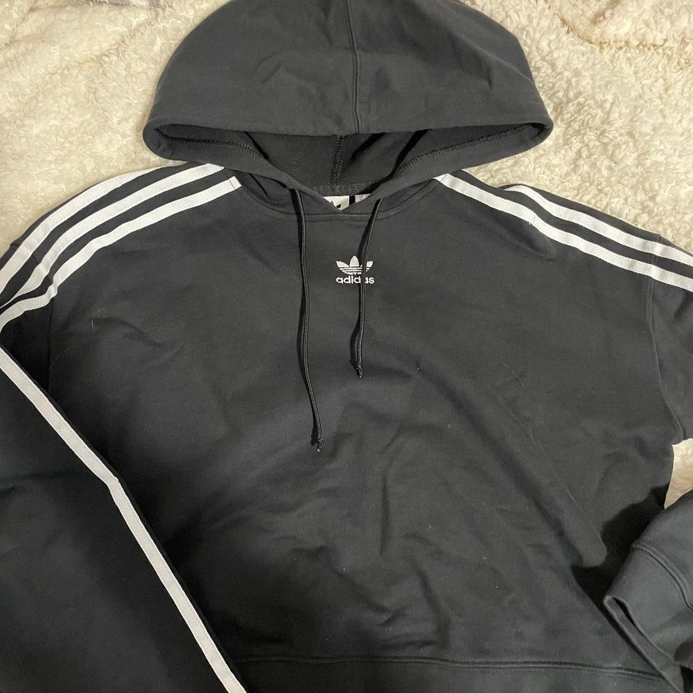 Cropped Adidas Black with White Strips Hoodie